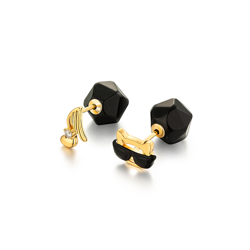 耳钉•Glam Ever X 伍嘉成联名猫乐系列 Cat black agate double-sided earrings 猫咪黑玛瑙双面耳钉