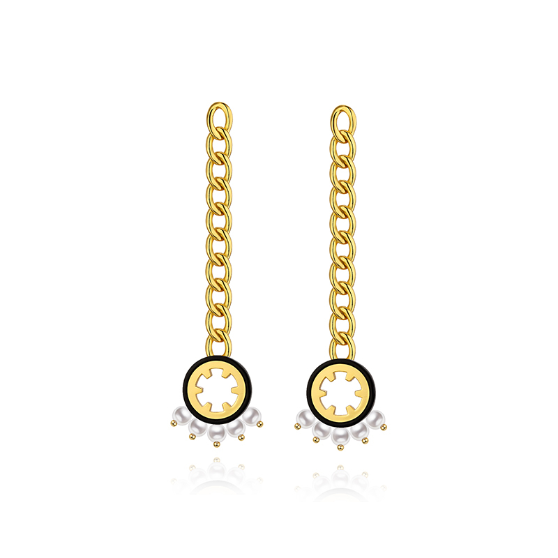 耳环•Glam Ever X 伍嘉成联名猫乐系列 Black record pearl chain long earrings 黑唱片珍珠链条长耳环