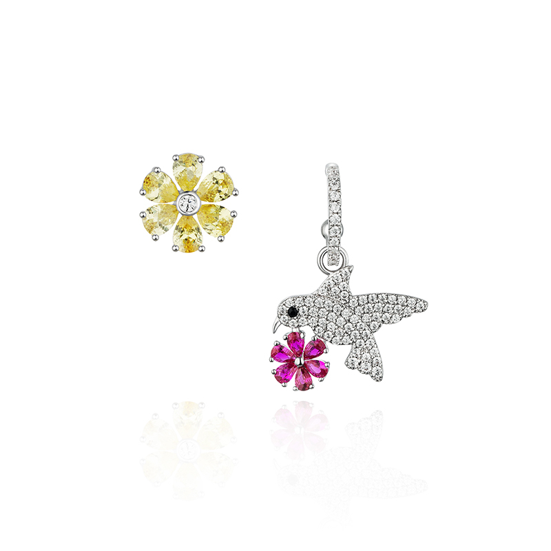 耳环•鸟语花香系列 Flower and bird asymmetrical earrings 花鸟不对称耳环