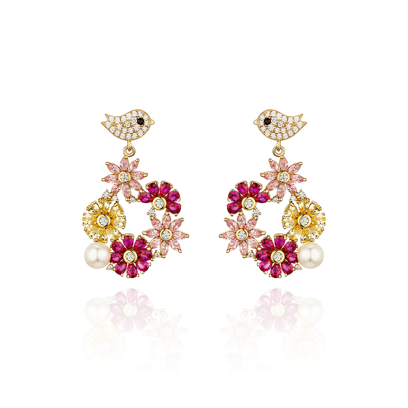 耳环•鸟语花香系列 Garden Party Earrings 花鸟环绕大圈吊坠耳环